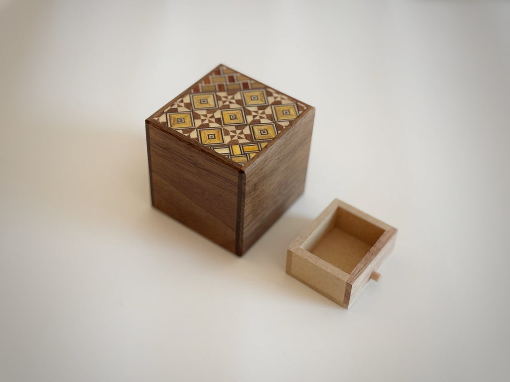 OKA CRAFT Japanese Puzzle Box Japanese Handmade Puzzle Box - 2 Sun 4 Steps - Yosegi/Walnut