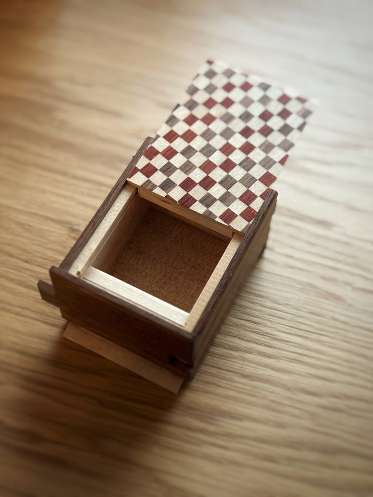OKA CRAFT Japanese Puzzle Box Japanese Handmade Puzzle Box - 3 Sun 18 Steps - Ichimatsu/Walnut