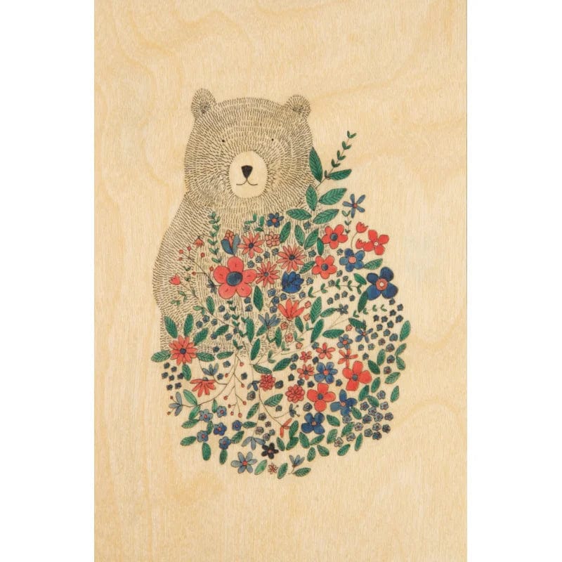 Woodhi Wooden Postcard Bear in the flower, Front Side